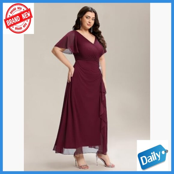 Plus Size V-Neck Chiffon Maxi Dress with Rhinestones Slit Formal - Picture 3 of 6